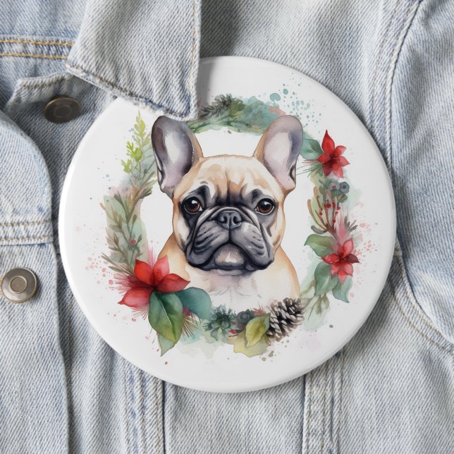 Badge Rond 15,2 Cm French Bulldog Christmas Wreath Festive Pup (En situation)