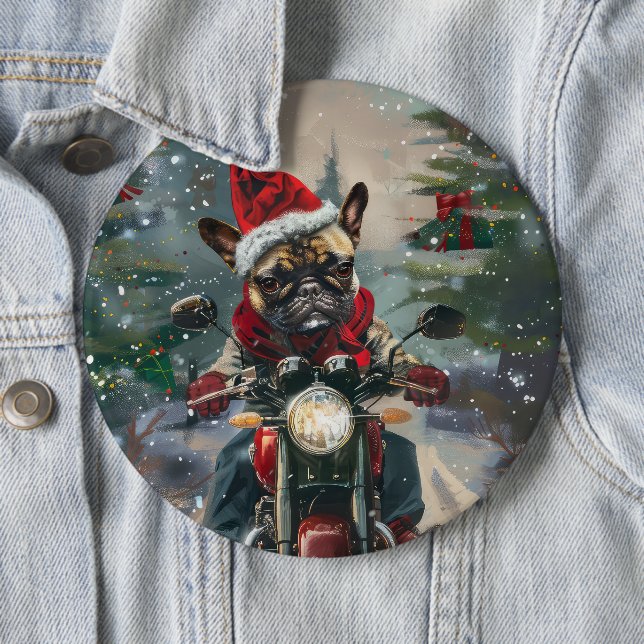 Badge Rond 15,2 Cm French Bulldog Riding Moto Noël (En situation)