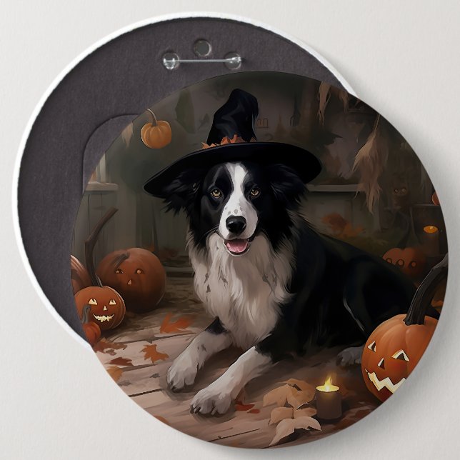 Badge Rond 15,2 Cm Frontière Collie Citrouilles Halloween effroi (Devant & derrière)