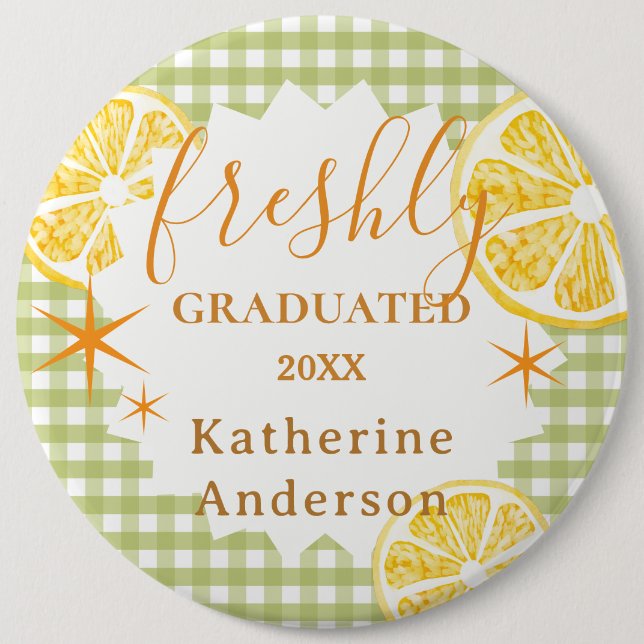Badge Rond 15,2 Cm Gingham Citron Fraîchement Diplômé  (Devant)