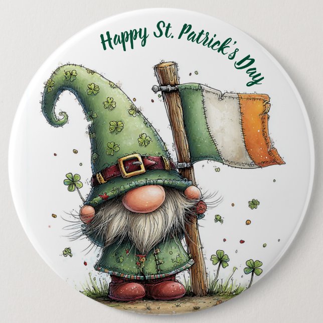 Badge Rond 15,2 Cm Gnome de la Saint-Patrick festif avec drapeau irla (Devant)
