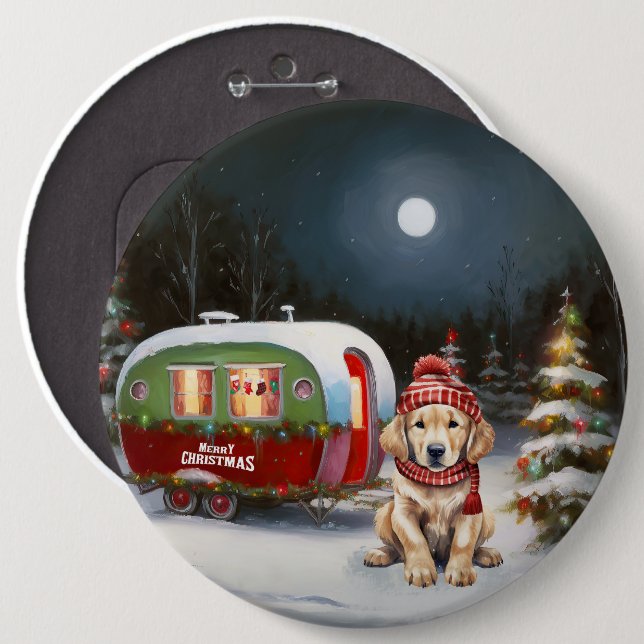 Badge Rond 15,2 Cm Golden Retriever Caravan Christmas Adventure (Devant & derrière)