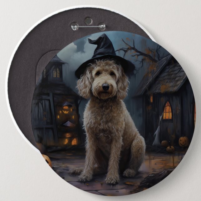 Badge Rond 15,2 Cm Goldendoodle Citrouille Halloween effrayant (Devant & derrière)