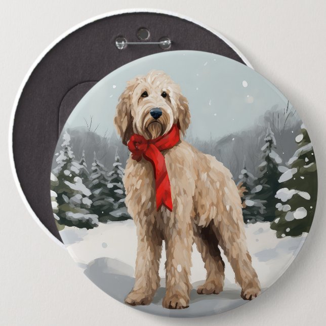 Badge Rond 15,2 Cm Goldendoodle dans la neige Noël  (Devant & derrière)