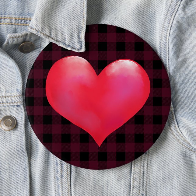 Badge Rond 15,2 Cm Grand Coeur rose peint | Buffalo Plaid Valentine (En situation)