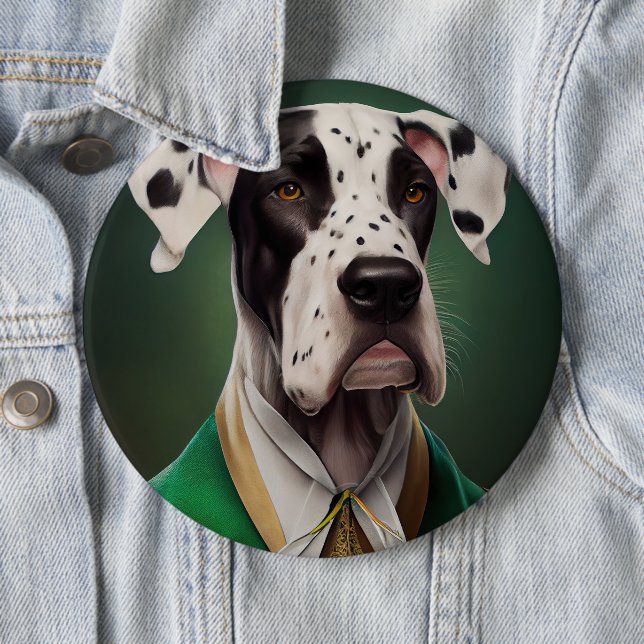 Badge Rond 15,2 Cm Grand Danois en robe de la Saint-Patrick (En situation)
