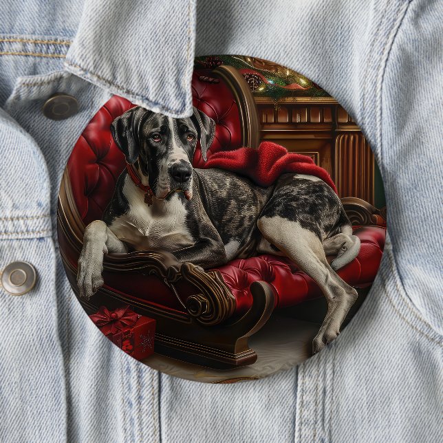 Badge Rond 15,2 Cm Grand Danois Noël Fête (En situation)