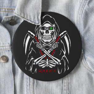 Badge Rond 15,2 Cm Grim Reaper Scythe Décès Skeleton Bones Halloween