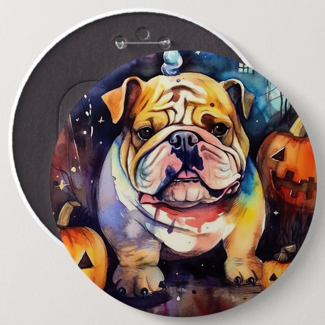 Badge Rond 15,2 Cm Halloween Bulldog avec la peur Citrouille (Devant & derrière)