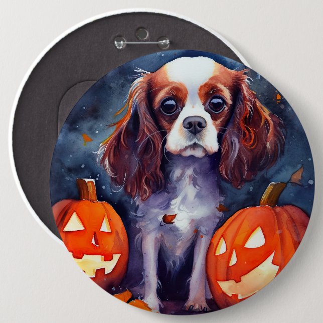 Badge Rond 15,2 Cm Halloween Cavalier King Charles Citrouille espagno (Devant & derrière)