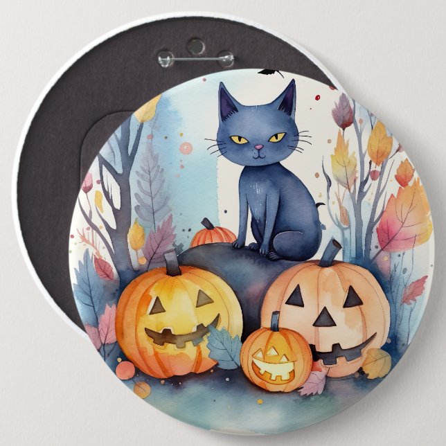 Badge Rond 15,2 Cm Halloween Chat Bleu Oriental Avec Peur Citrouille (Devant & derrière)