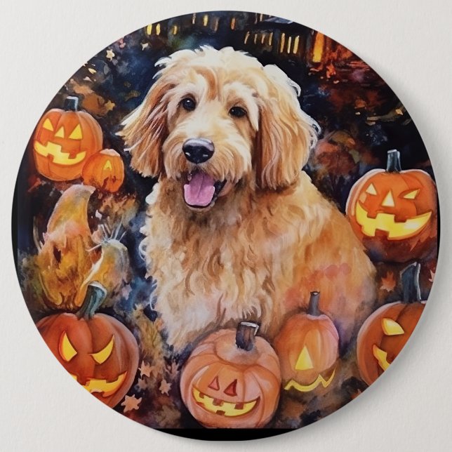 Badge Rond 15,2 Cm Halloween Goldendoodle avec la peur Citrouille (Devant)