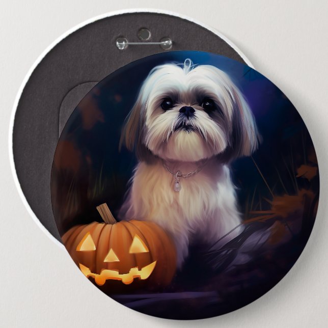 Badge Rond 15,2 Cm Halloween Shih Tzu Avec La Peur Citrouille (Devant & derrière)