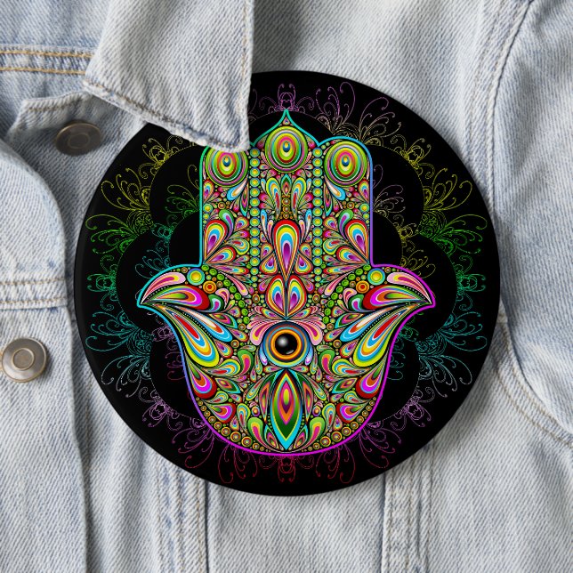 Badge Rond 15,2 Cm Hamsa Fatma Main Psychedelic Art (En situation)