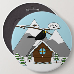 Badge Rond 15,2 Cm Happy Blackbird chanter dans le paysage hivernal
