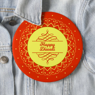 Badge Rond 15,2 Cm Happy Diwali Orange Cream Mandala Modern