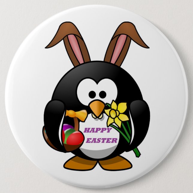 BADGE ROND 15,2 CM "HAPPY EASTER" PENGUIN BUNNY (Devant)