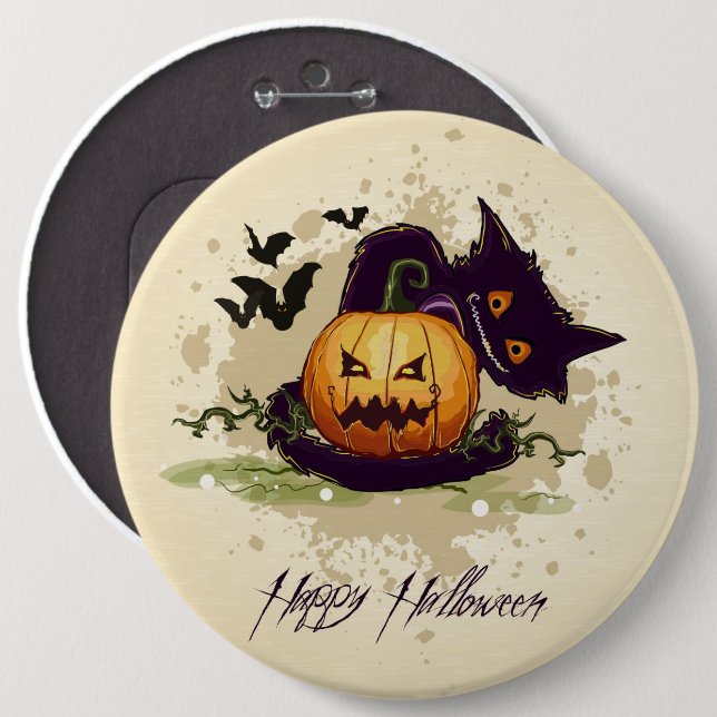 Badge Rond 15,2 Cm Happy Halloween Chat noir et Jack Button (Devant & derrière)