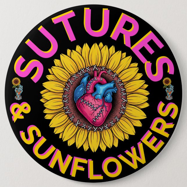 Badge Rond 15,2 Cm Humour foncé Med "Sutures & Tournesols" Infirmière (Devant)
