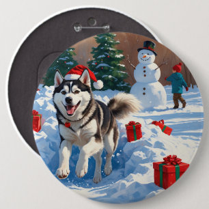 Badge Rond 15,2 Cm Husky sibérien courant dans la neige avec un chape