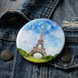 Badge Rond 15,2 Cm Impression aquarelle de la Tour Eiffel sur la silh