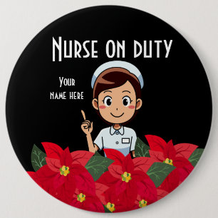 Badge Rond 15,2 Cm Infirmière en service Ponsettia en noir