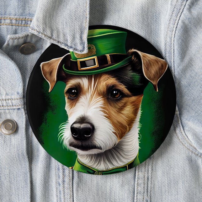 Badge Rond 15,2 Cm Jack Russell Chien en robe de fête St. Patrick (En situation)