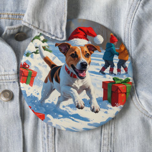 Badge Rond 15,2 Cm Jack Russell courant dans la neige avec un chapeau