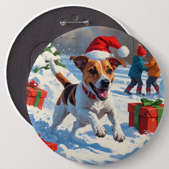 Badge Rond 15,2 Cm Jack Russell Courir en neige avec Casquette de Noë (Devant & derrière)