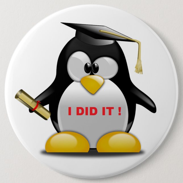 BADGE ROND 15,2 CM "J'AI FAIT" DIPLÔME PENGUIN (Devant)