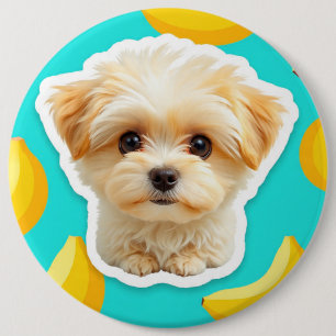 Badge Rond 15,2 Cm Joli chien drôle avec chiot banane dessus