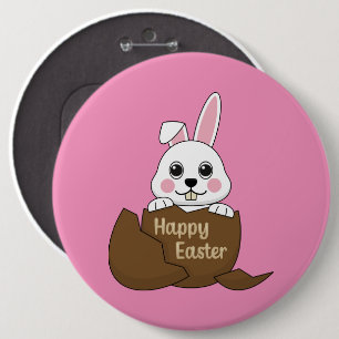 Badge Rond 15,2 Cm Joli lapin blanc dans un oeuf au chocolat Joyeux P