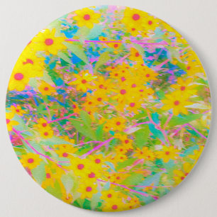 Badge Rond 15,2 Cm Jolie Fleurs Jaunes et Rouges avec Turquoise