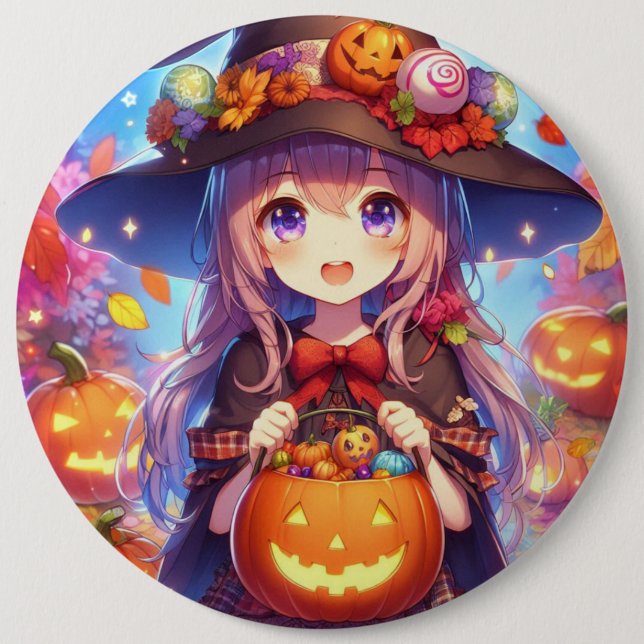 Badge Rond 15,2 Cm Jolie Sorcière d'Halloween Anime (Devant)