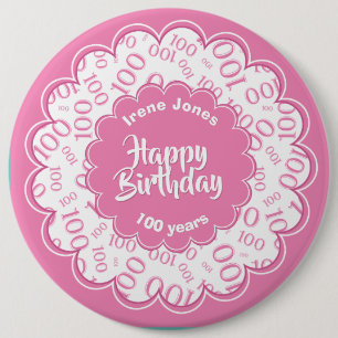 Badge Rond 15,2 Cm Joyeux anniversaire, 100e Motif des numéros rose/