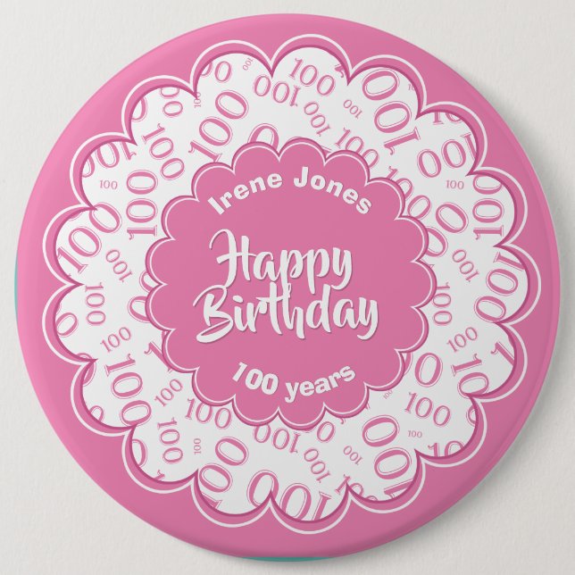 Badge Rond 15,2 Cm Joyeux anniversaire, 100e Motif des numéros rose/b (Devant)