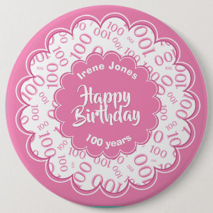 Badge Rond 15,2 Cm Joyeux anniversaire, 100e Motif des numéros rose/b