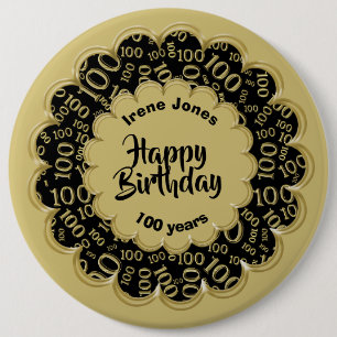 Badge Rond 15,2 Cm Joyeux anniversaire, 100e Motif du numéro d'or/noi
