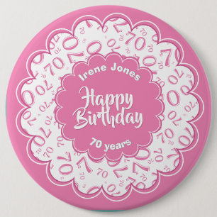 Badge Rond 15,2 Cm Joyeux anniversaire, 70e Motif des numéros rose/b