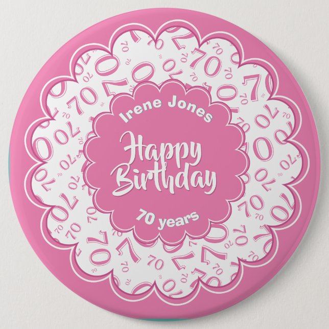 Badge Rond 15,2 Cm Joyeux anniversaire, 70e Motif des numéros rose/bl (Devant)