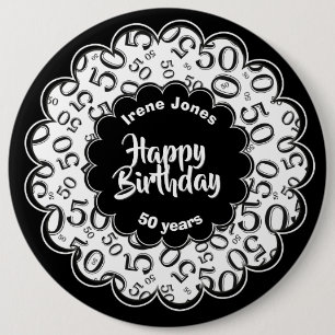 Badge Rond 15,2 Cm Joyeux anniversaire, cinquantième motif noir/blan