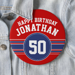 Badge Rond 15,2 Cm Joyeux Anniversaire Sports avec l'âge - Rouge Ble