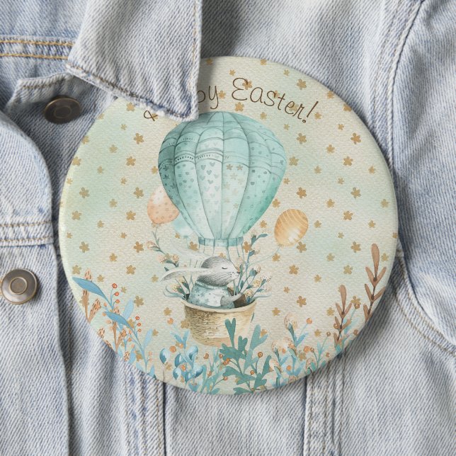 Badge Rond 15,2 Cm Joyeux Pâques ! Lapin aquarelle (En situation)