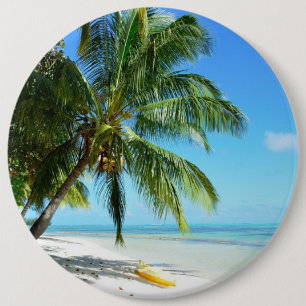 Badge Rond 15,2 Cm Kayak jaune sur un bouton blanc de plage de sable