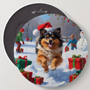 Badge Rond 15,2 Cm Keeshond Chien courant dans la neige avec le Casqu