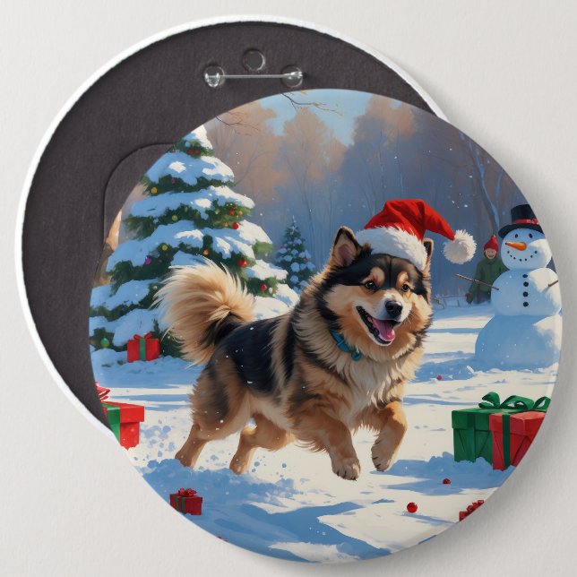 Badge Rond 15,2 Cm Lapphund finlandais coule la neige avec le Casquet (Devant & derrière)
