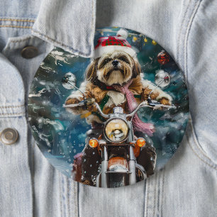 Badge Rond 15,2 Cm Lhasa Apso Chien à cheval Moto Noël