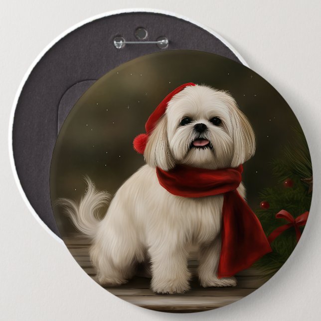 Badge Rond 15,2 Cm Lhasa Apso Chien dans Noël de neige (Devant & derrière)