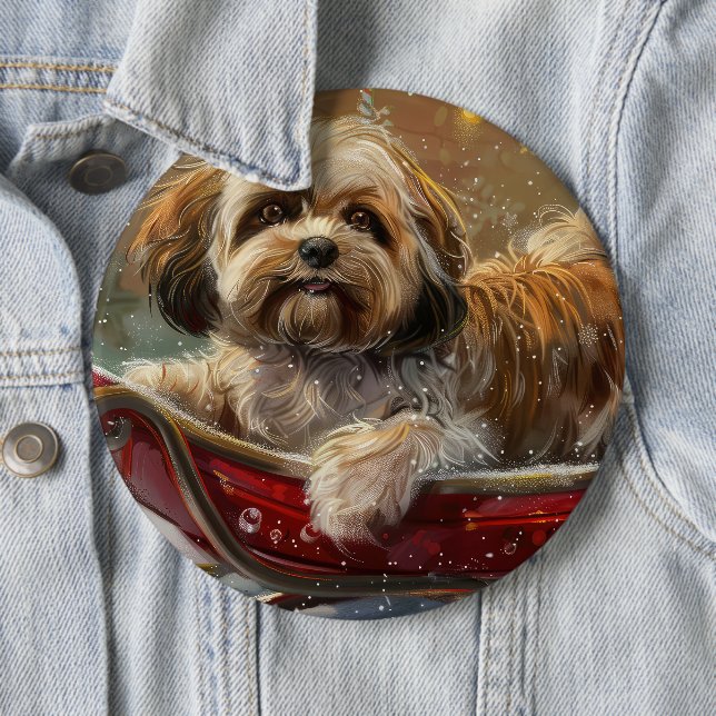 Badge Rond 15,2 Cm Lhasa Apso Chien Fête de Noël (En situation)