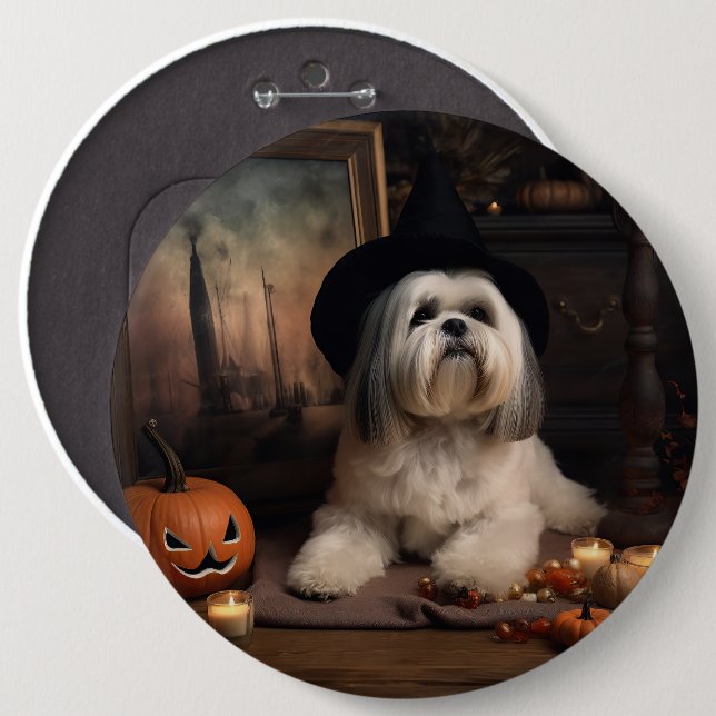 Badge Rond 15,2 Cm Lhasa Apso Citrouille Halloween effrayant (Devant & derrière)